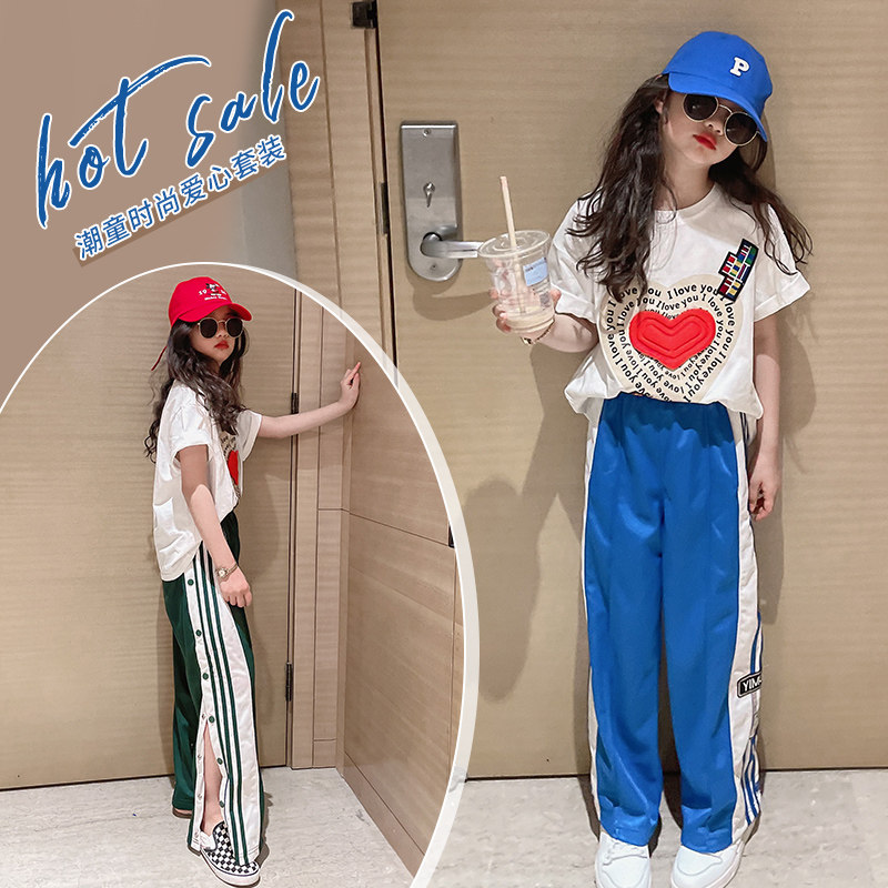 Girl Summer Clothing Suit 2022 New Foreign Pie Trendy Children Suit Summer CUHK Child Mesh Red Sports Two Suits Tide