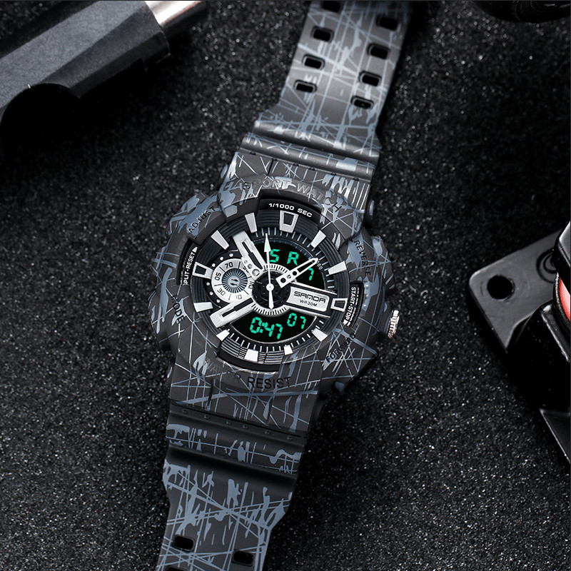 Electronic Watches Men's Junior High School High School Students Mechanical Movement Trend Unicorn Camouflak Multi Functional Alarm Clock Double Display Clocking