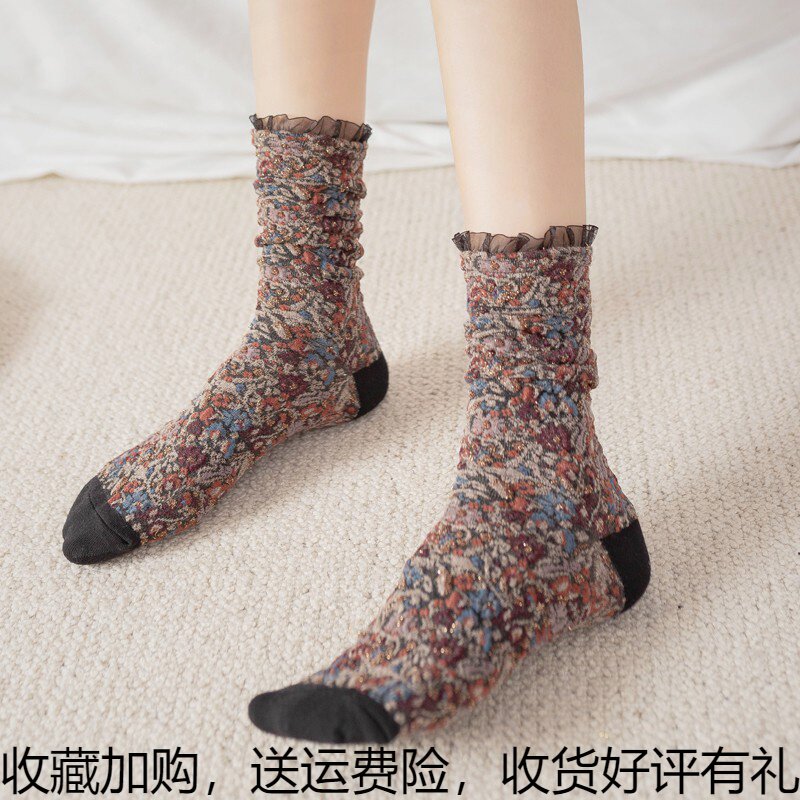 3 Double Loaded Retro Small Crushed Flowers Socks Woman in Sweat Sweat Teas with Trendy Autumn Winter gold Silver Flower Side Long Sox