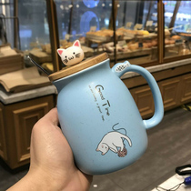  Japanese-style cute cat mug water cup Creative ceramic couple cup with lid spoon Office household mens and womens water cup