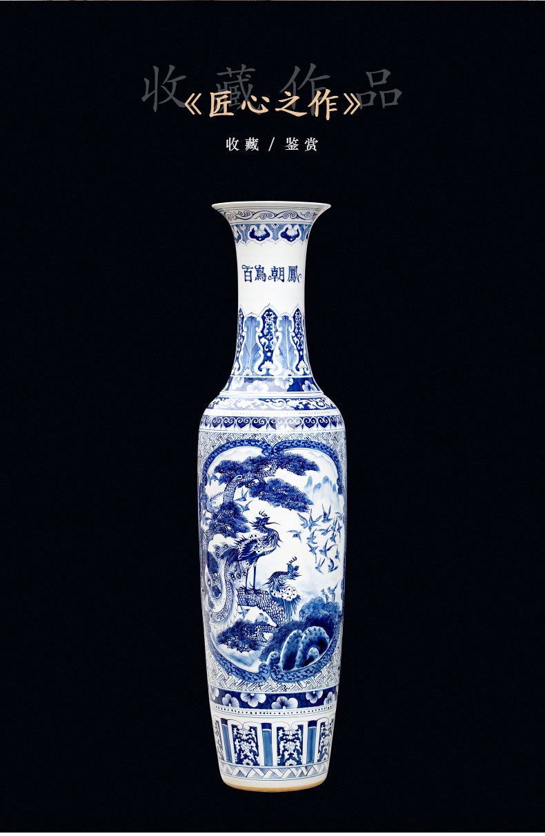 Jingdezhen blue and white porcelain painting birds pay homage to the king of large vase home sitting room place hotel opening gifts