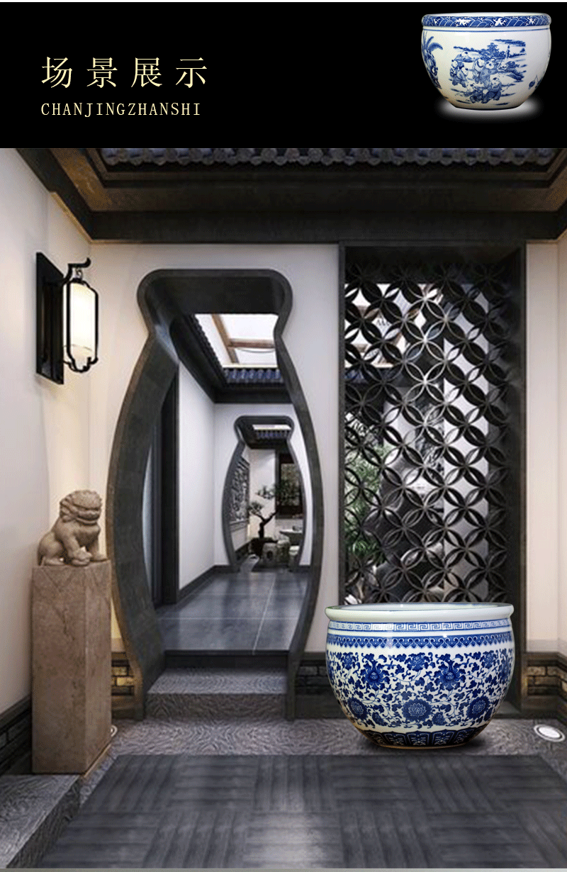 Jingdezhen blue and white porcelain aquarium home sitting room ceramic goldfish turtle cylinder mesa study calligraphy and painting scroll to receive