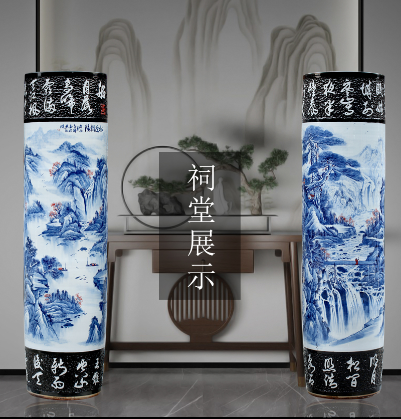 Jingdezhen blue and white porcelain painting landscape painting pine greet chaoyang landing big ceramic vase hall furnishing articles opening gifts