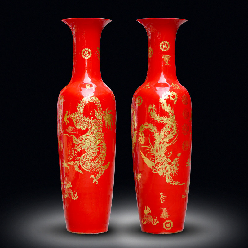 Jingdezhen China red gold dragon Phoenix floor-to-ceiling large vase Living room flower arrangement Hotel opening wedding ceramic ornaments