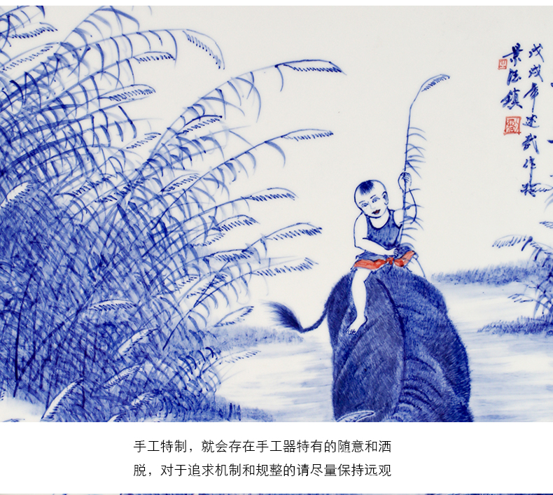 Jingdezhen ceramic hand - made cattle figure setting wall of blue and white porcelain sitting room adornment picture of modern Chinese style porch hang mural
