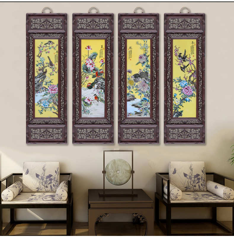 Jingdezhen porcelain plate painting birds and flowers of spring, summer, autumn and winter four screen adornment home sitting room hangs a picture the study opening gifts