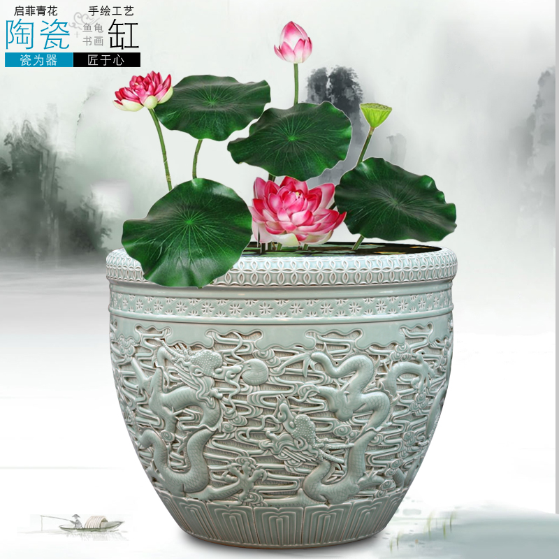 Jingdezhen ceramic aquarium pet gold fish tank water lily basin bowl lotus lotus cylinder cylinder tortoise tank sitting room big furnishing articles