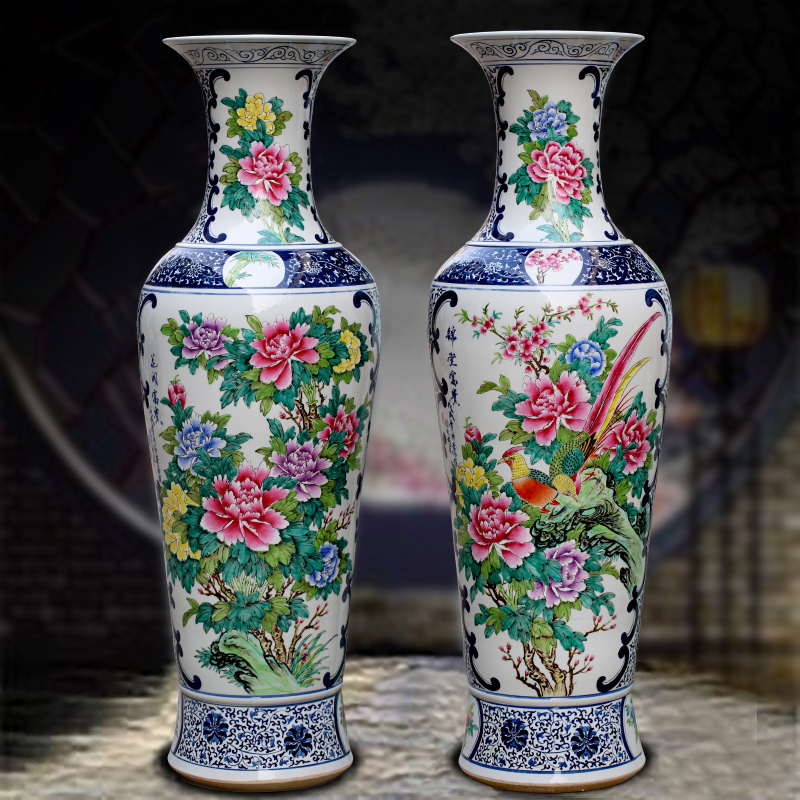 Jingdezhen ceramics hand - made pastel peony ceramic floor living room big vase hotel decoration gifts furnishing articles