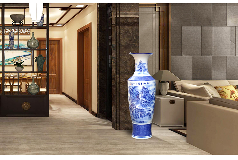 Jingdezhen ceramics large ground blue and white porcelain vase landscape furnishing articles of the new Chinese style hotel sitting room adornment flower arrangement