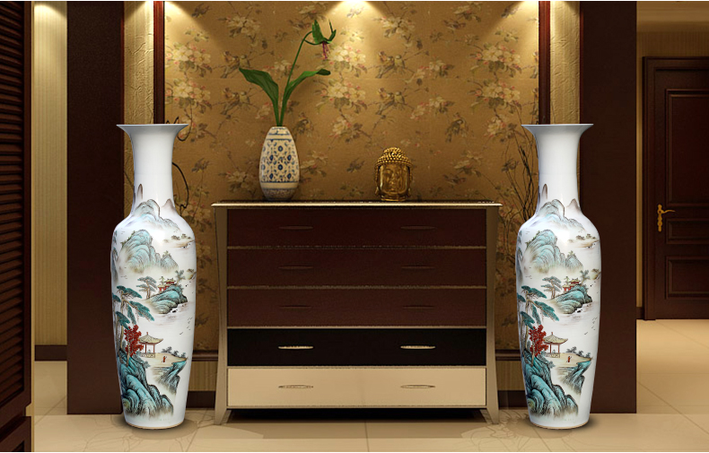 Jingdezhen ceramics powder enamel handpainted landscape ground sitting room big vase household of Chinese style decorative furnishing articles