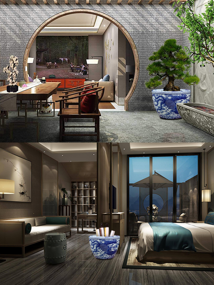 Jingdezhen porcelain VAT blue and white porcelain ceramic aquarium longfeng brocade carp cylinder lotus hotel backyard furnishing articles furnishing articles