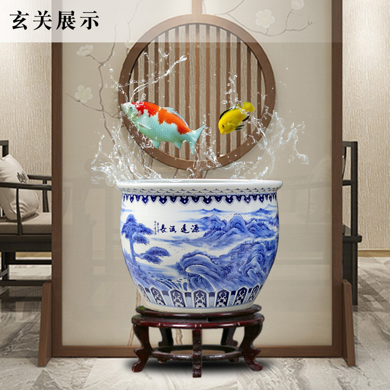 Jingdezhen blue and white porcelain basin of hand - made of long - standing ceramic tank cylinder tortoise mountain true water lily receive calligraphy and painting