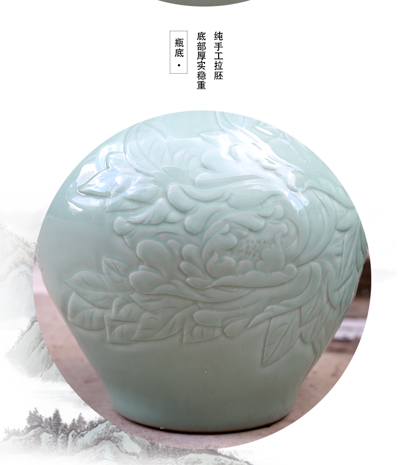 Jingdezhen single carving glaze peony sitting room of large vase household contracted furnishing articles can be gifts