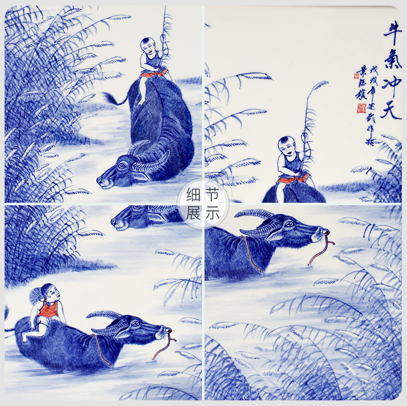 Jingdezhen ceramic hand - made cattle figure setting wall of blue and white porcelain sitting room adornment picture of modern Chinese style porch hang mural