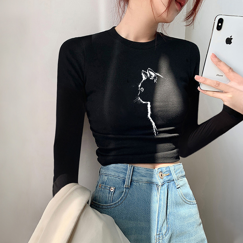 Black Short Crop Top with Cat Face Print, Long-Sleeved T-Shirt for Women, 2026 Spring and Autumn New Style ins Trendy Black Short Crop Top with Cat Face Print, Long-Sleeved T-Shirt for Women, 2026 Spring and Autumn New Style ins Trendy