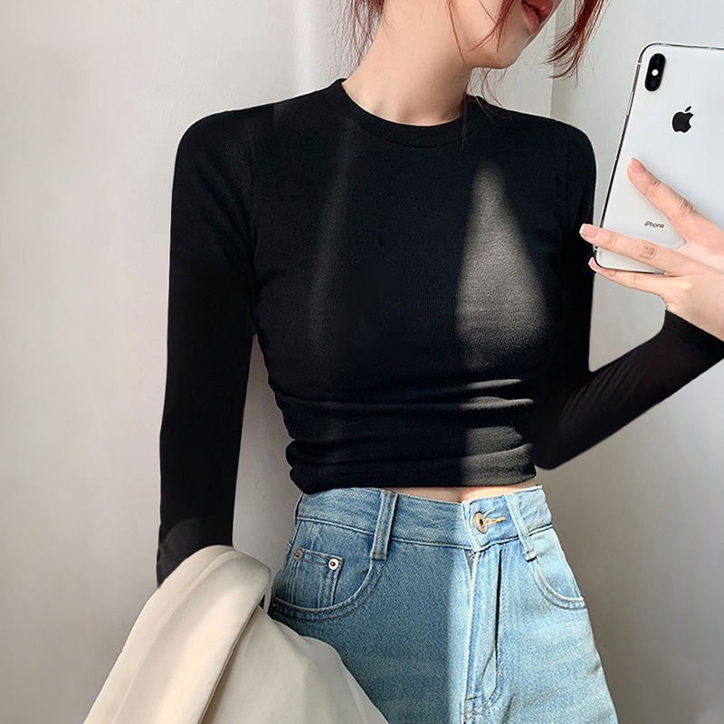 American-Style Short Slim-Fit Long-Sleeve T-Shirt for Women, Black Base Layer, 2026 Spring, Crop Top, Tight-Fitting High-Waisted Top