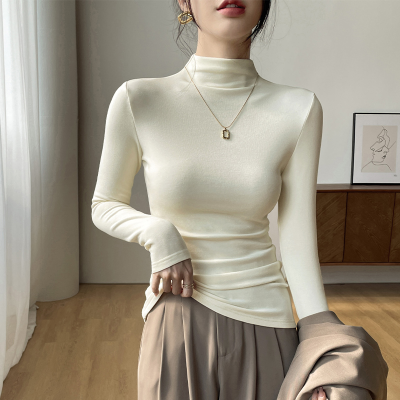 Apricot half-height collar bottom-shirt woman inside lap 2023 autumn and winter foreign air black long sleeve t-shirt frosted with velvet blouses-Taobao