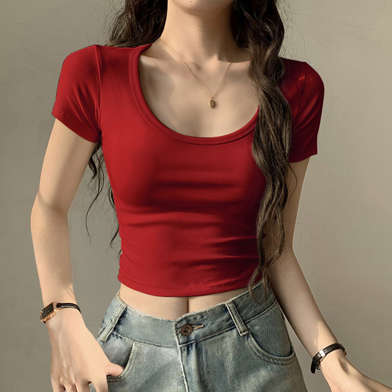 Burgundy Off-Shoulder Short-Sleeve Women's T-Shirt, Summer 2026 New Style, Cropped, Tight-Fitting, Slimming, Versatile Top ins Trendy Burgundy Off-Shoulder Short-Sleeve Women's T-Shirt, Summer 2026 New Style, Cropped, Tight-Fitting, Slimming, Versatile Top ins Trendy