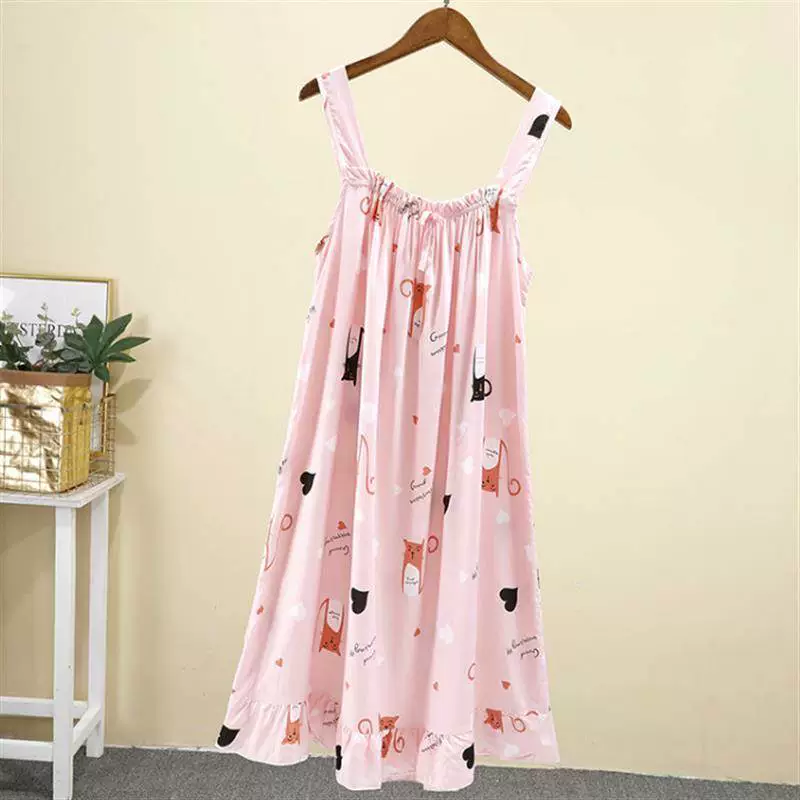 Đồ ngủ cotton lụa của phụ nữ váy ngủ mùa hè váy dài trung bình cotton lụa treo sexy dễ thương rộng rãi kích thước lớn mỏng phần trẻ - Đêm đầm