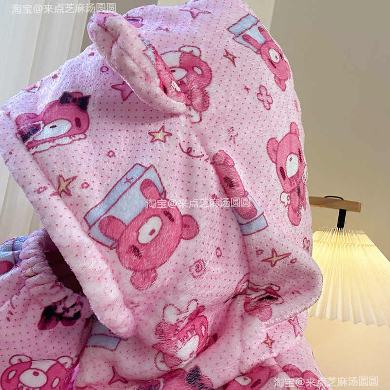 Pinky* Pink Violent Bear Hooded Flannel Zipper Long-Sleeved Pajama Set Can Be Worn as Loungewear Pinky* Pink Violent Bear Hooded Flannel Zipper Long-Sleeved Pajama Set Can Be Worn as Loungewear