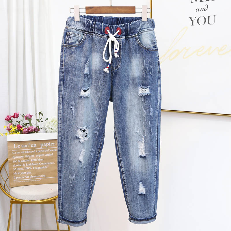 2021 new large size jeans women loose hole halon pants fat sister nine-point pants 200 pounds high-waisted pants