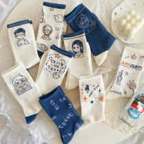 Blue Socks Female Midbarrel Socks Pure Cotton Spring Autumn Ins Tide Cute Day Ensemble Short Socks Summer Thin student Long Sox