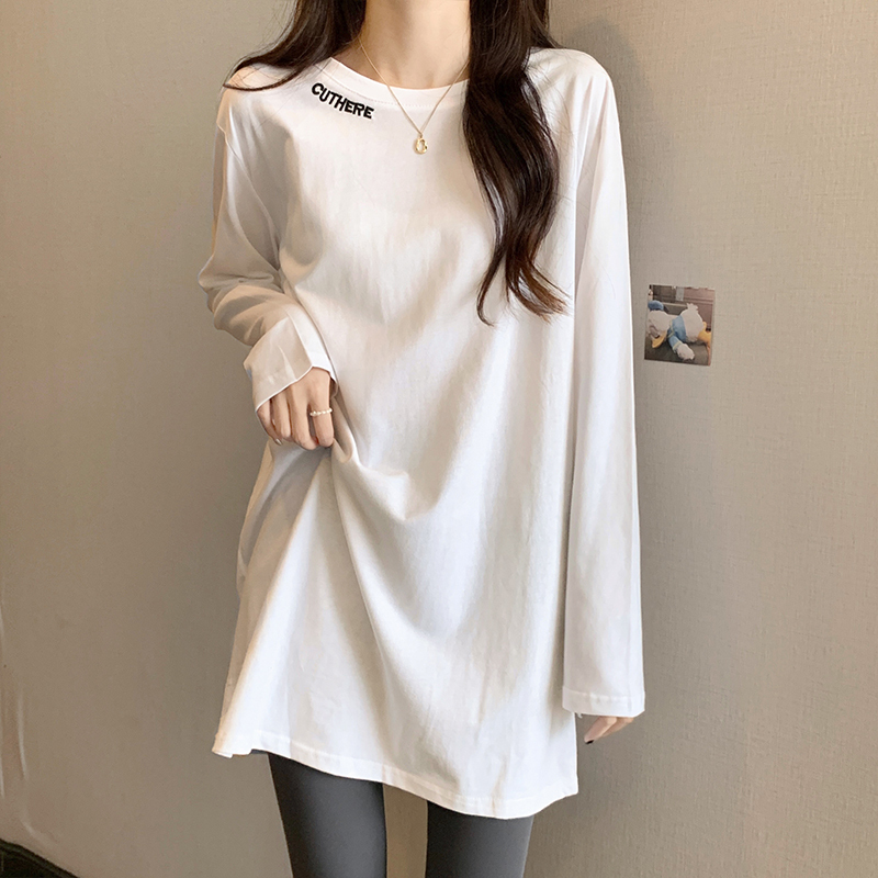 Spring and Autumn Mid-Length Long-Sleeved Base Shirt for Women, White Pure Cotton Layering Inner T-Shirt, Covers the Hips, Loose and Versatile