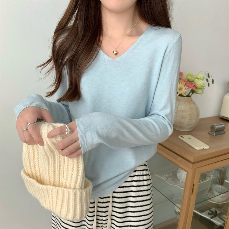 Spring Korean-Style Dopamine V-Neck Simple Casual Long-Sleeve Knit Sweater for Women 2026 New Loose Inner Sweater ins