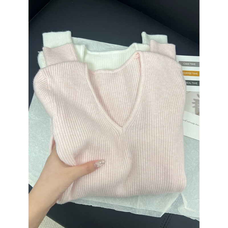 Light Pink Sweater for Women, Autumn and Winter Season, Stylish V-Neck Long-Sleeve Soft Ribbed Knit Top