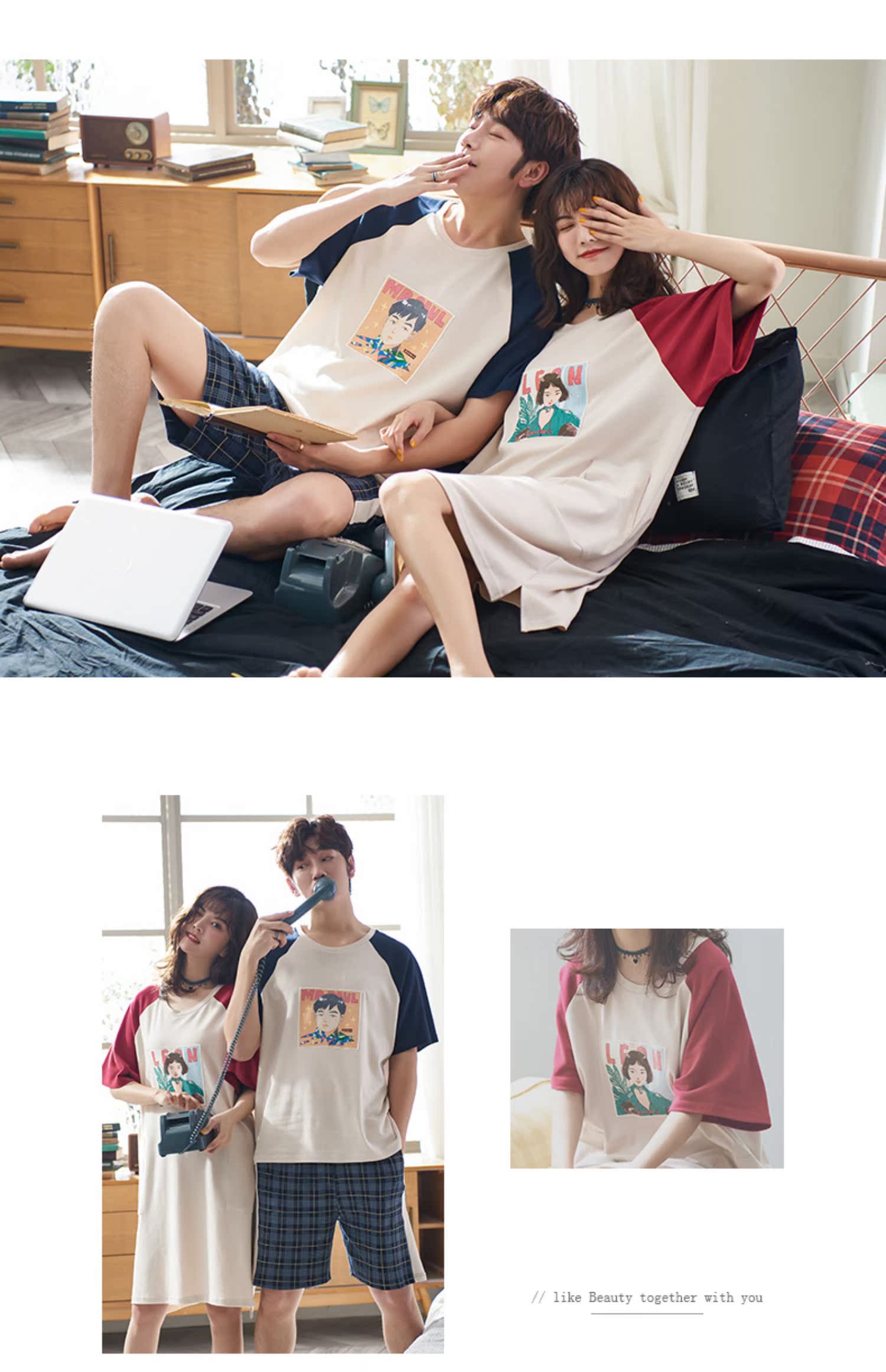 2 bộ đồ ngủ cặp đôi mùa hè mỏng phần dễ thương cotton nam và nữ mùa hè váy ngủ quai hậu phục vụ nhà phù hợp với mùa xuân - Giống cái đồ mặc nhà cao cấp