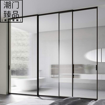 Extremely narrow thin frame push-pull kitchen titanium aluminum alloy custom partition balcony living room suspension rail linkage glass shifting door