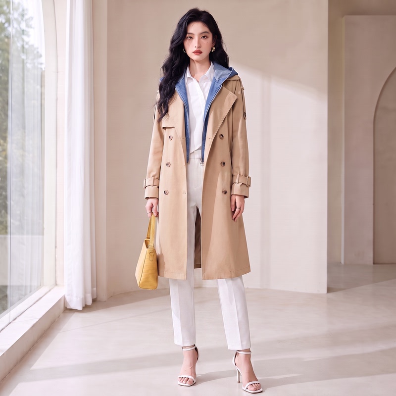 Double-Breasted British-Style Mid-Length Trench Coat Casual Loose Jacket Wt0230
