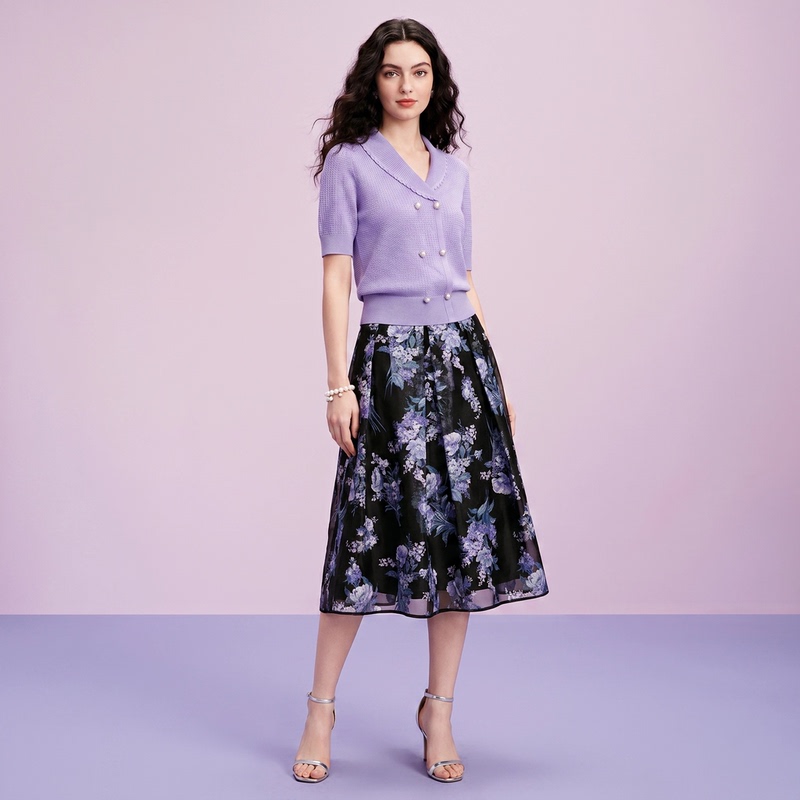 Black Background with Purple Flowers, Slimming and Hip-Covering Skirt, 2026 New Model Kq0259