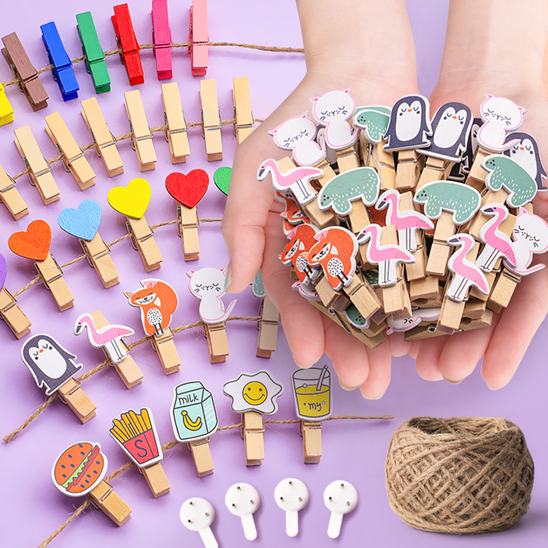 Colorful Photo Clips, Small Wooden Clips for Hanging Photo Walls, Decorative Hemp Rope Clips, Rope Hanging Clips for Photos, Wooden Postcard Album Wall Hanging Rope, Mini Heart Clips, Cute Natural Wood Color, Kindergarten