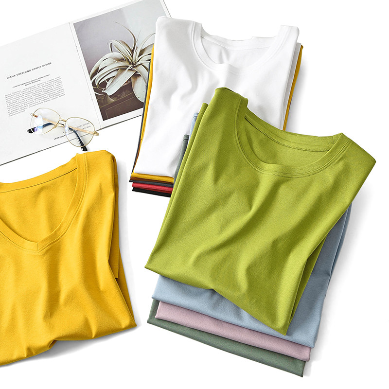 MIJOR silk light cotton display slim round collar V collar pure color short sleeve t-shirt female spring and summer blouse 2022 new undershirt