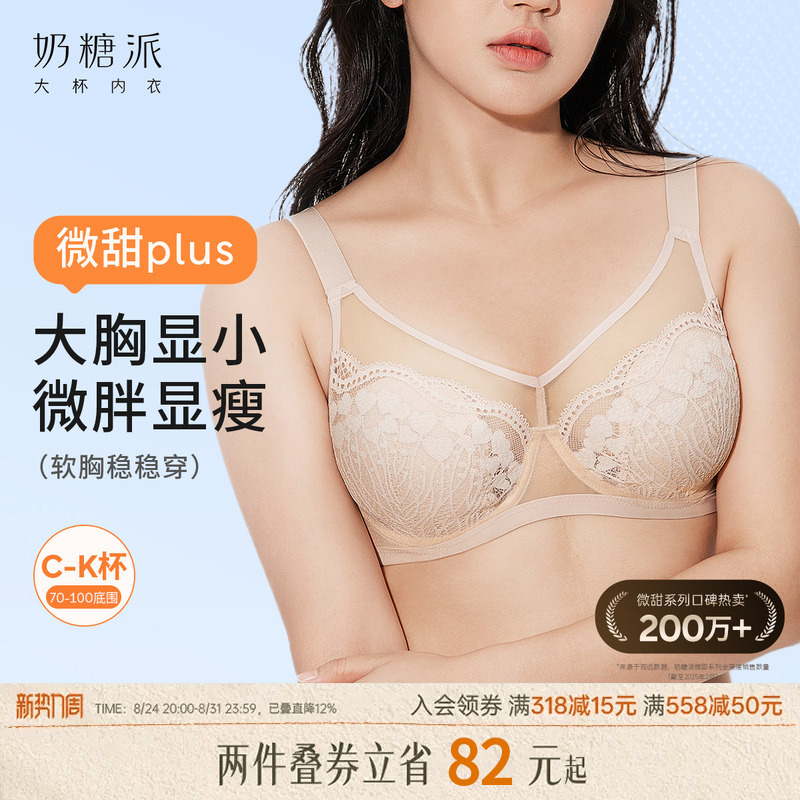 Milk Candy Style Large Bust Minimizing Bra for Women, Sweet 3.0Plus French Ultra-Thin Lace Bra, Plus Size Sexy Bra