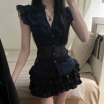 Pure Lust Style Hot Girl Outfit Suit Female Design with Flying Sleeves Slim Shirt Top High Waist Slimming Skirt