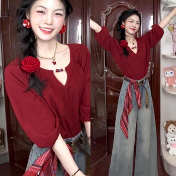 French-Style Elegant Outfit for Women 2025 Early Autumn Retro Red Lantern Sleeve Shirt High-Waisted Slimming Loose Wide-Leg Pants