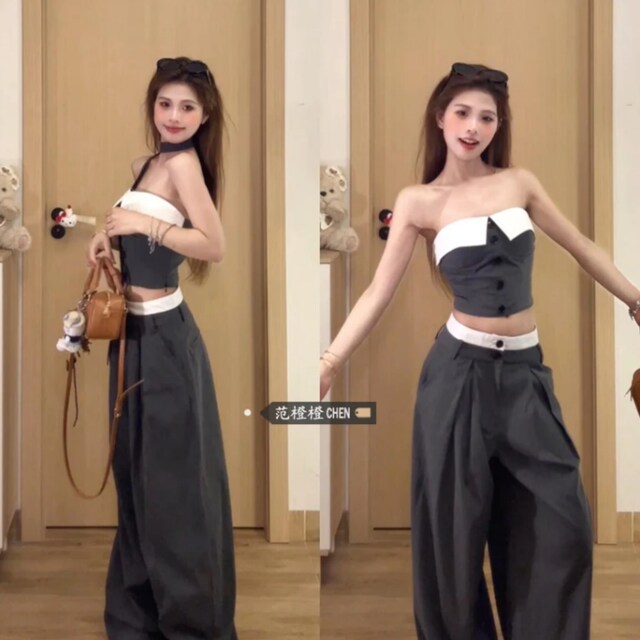 Korean style hot girl contrasting color top high waist slimming wide leg pants