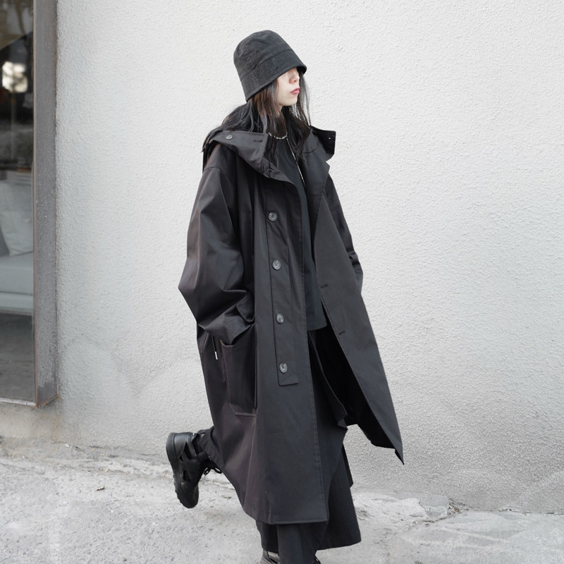 Niche japanese dark aesthetic yohji yamamoto hooded trench coat