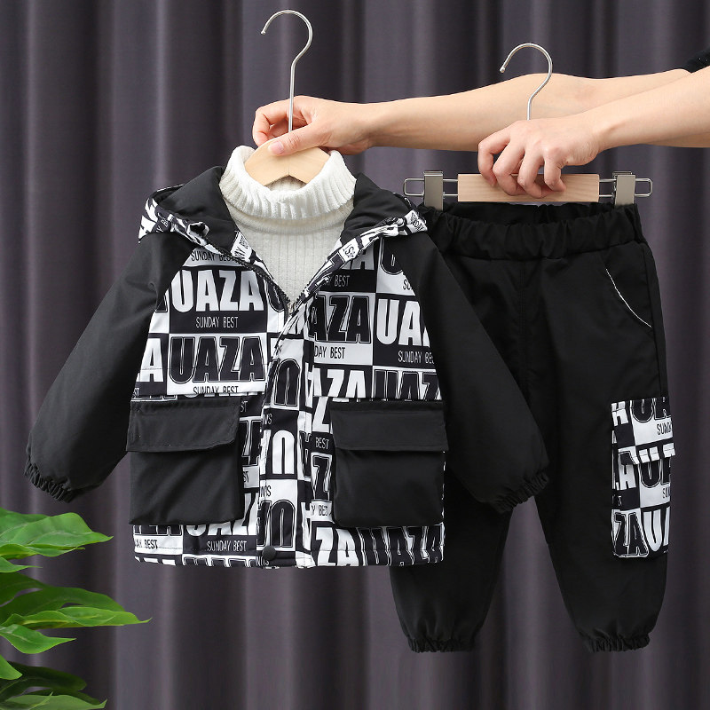Boy suit autumn and winter 2021 new children handsome clothes baby winter fashion clip cotton thickened two sets of damp