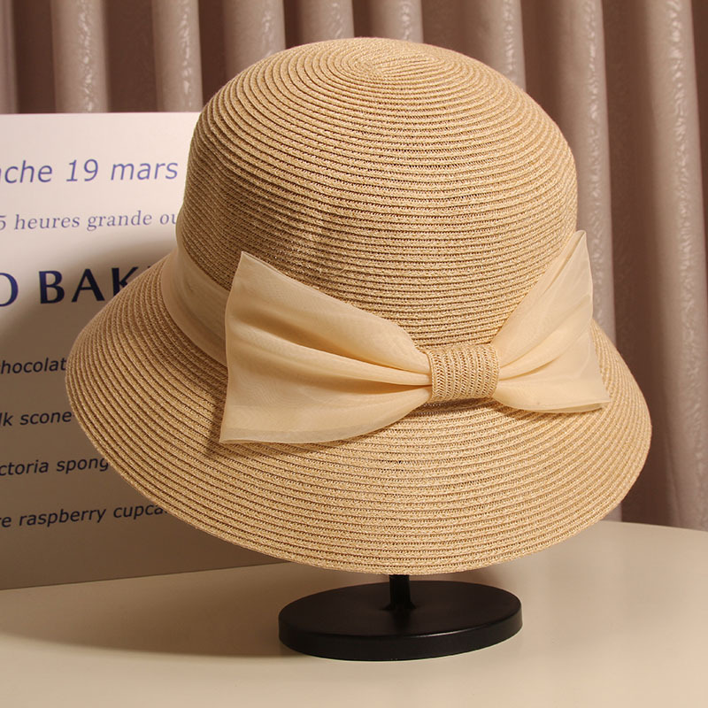 French-Style Vintage Organza Bowknot Lampshade Hat for Women, Summer Foldable Fine Straw Beach Sunshade Bucket Hat