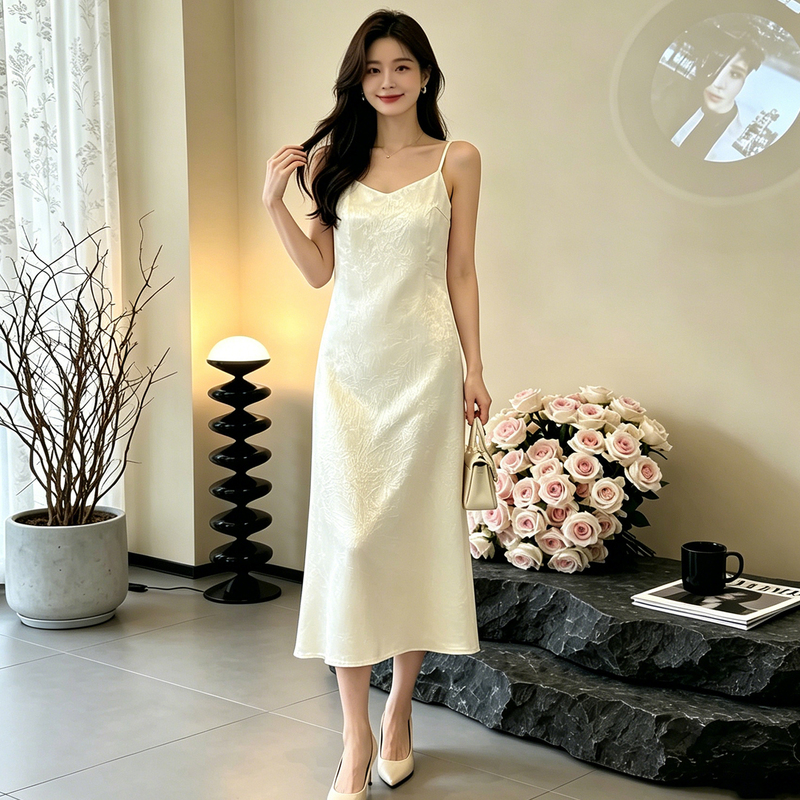 Acetate Satin New Chinese Style White Spaghetti Strap Dress for Women, Long Drapey Fit, Slim Fit, Plus Size, Elegant Long Dress Acetate Satin New Chinese Style White Spaghetti Strap Dress for Women, Long Drapey Fit, Slim Fit, Plus Size, Elegant Long Dress