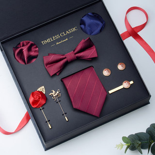 Eight-Piece Gift Set Tie Men's Pocket Square Bow Tie Tie Clip Cufflink Set Formal Wear Wedding Groom Wedding Red