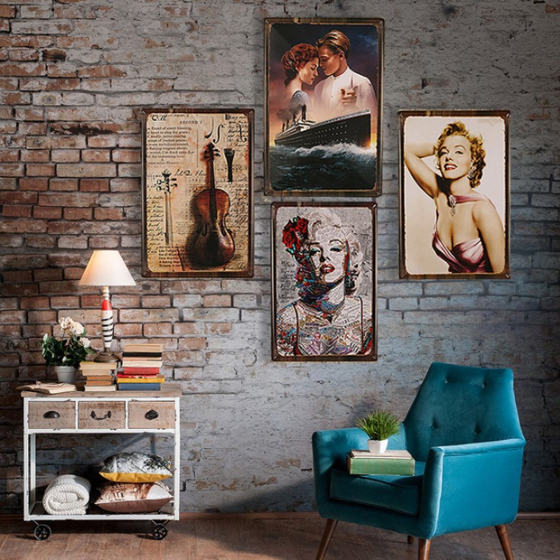 American industrial style creative tin painting figure painting wrought iron decorative painting dining room Internet cafe personality wall decoration pendant