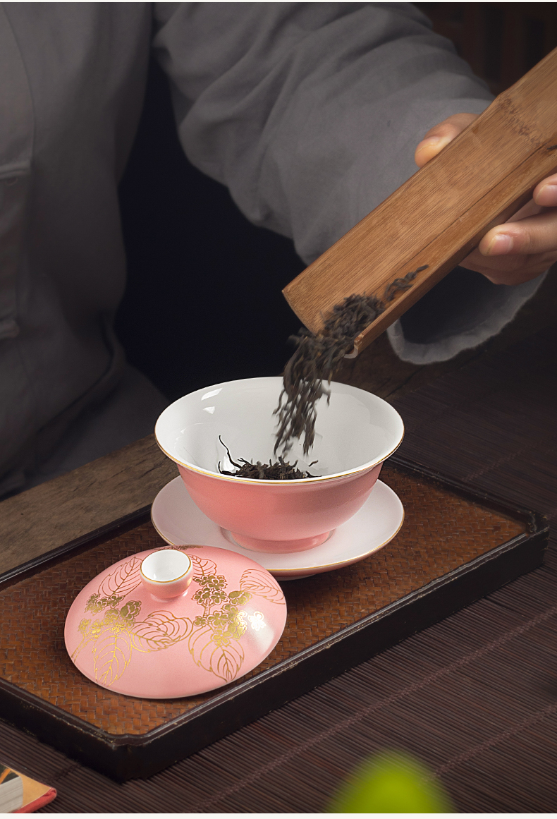 Pink large tureen single pure manual three cups to jingdezhen ceramic kung fu tea tea tea bowl