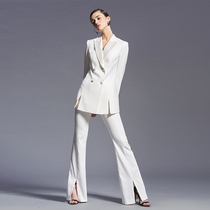 LadySElite Han Xue with pearl white stitching slit double-breasted commuter suit suit slim womens clothing