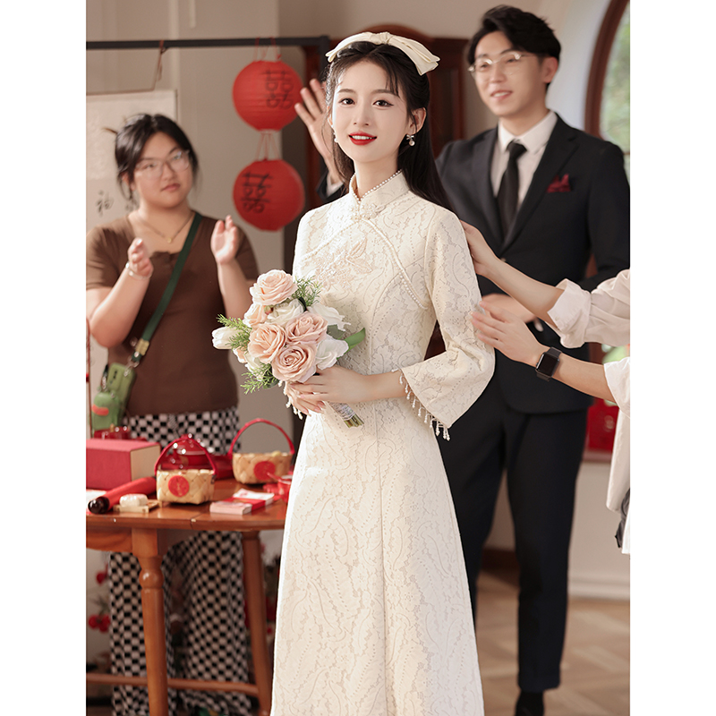 White long sleeve qipao New Chinese-style engagement gown dress normally able to wear 2023 new small sub-collar certificate Autumn Winter-Taobao