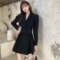 Korean temperament collection waist display slim and small sub-row buttresses Western suit jacket woman 2020 fall Blister Strap Dress