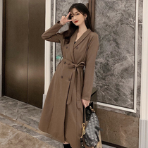 South Koreas 2020 new retro temperament wines with long cashies slim over kneecap black coat thin womens clothing